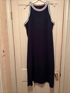 Crew-Neck Navy Maxi Tank Dress with White Trim